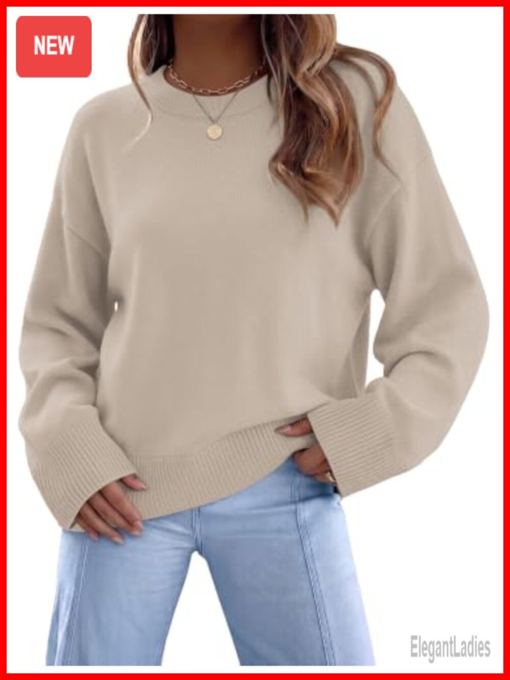 Womens Crew Neck Sweater Oversized Pullover Casual Fall Winter Knit Top